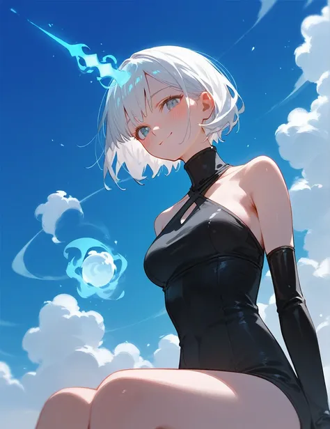 (from below:0.6), score_9_up,score_8_up,  white hair, black high neck halter top, 1girl, solo,((blush)), closed mouth, smile, medium breast, pose, ((sitting)), (thin girl:1.2),clouds, long gloves, ((magic))
