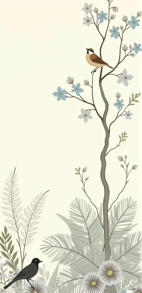 Detailed and elegant wallpaper design inspired by nature. The layout includes a tall tree with branches extending across the top of the image, decorated with blue and white flowers. A bird with a light brown body and a white head sits on one of the branche...