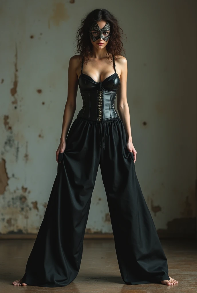 Beautiful woman, standing while pissing wide legged trousers, wearing a corset,with face mask, breathing heavily 