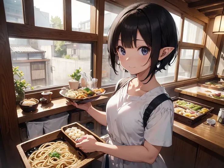 High resolution, 8K Ultra HD, ((Ink and painting)), J((One Girl Elf)), Inside the soba restaurant. An elf carrying a tray of wide udon noodles. There is nothing in the colander except for white udon noodles.. Short black hair elf, (((Very short hairstyle))...