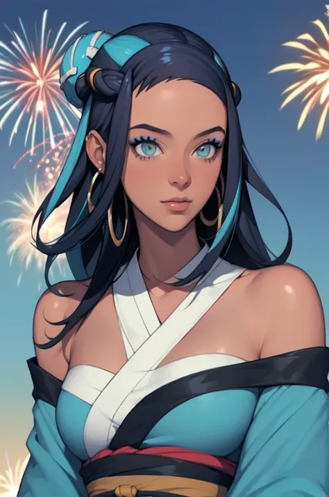 masterpiece, best quality, solo, 1girl, nessarnd, dark skin, makeup, single hair bun, kimono, hoop earrings,medium breasts, bare shoulders, fireworks 