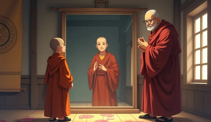 Young monk student looking at large mirror and his reflection is showing at mirror which is hanging inside room and next to him his master monk is standing who looks fat but wisdom full , in anime style,