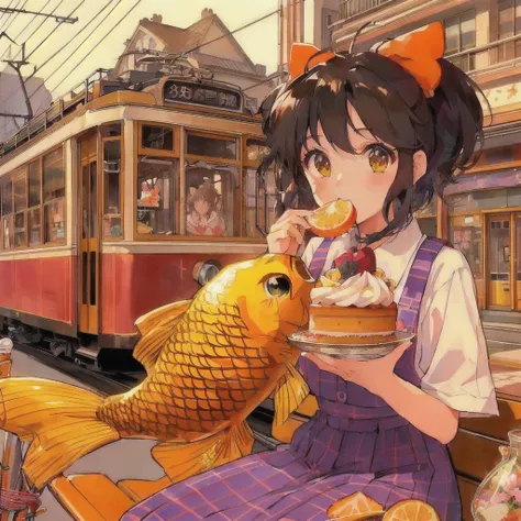 Anime girl eating a goldfish and strawberry cake with a tram in the background, Anime Style 4 k, Anime Food, Trending Anime Art, Beautiful and detailed anime art, Anime Style illustration, Anime Art Wallpapers 8K, Retro anime, 80年代のAnime Style, Anime Style...