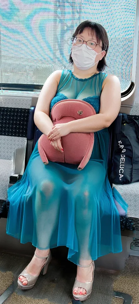 Large woman sitting on a train seat、See-through dress、Sitting with legs apart