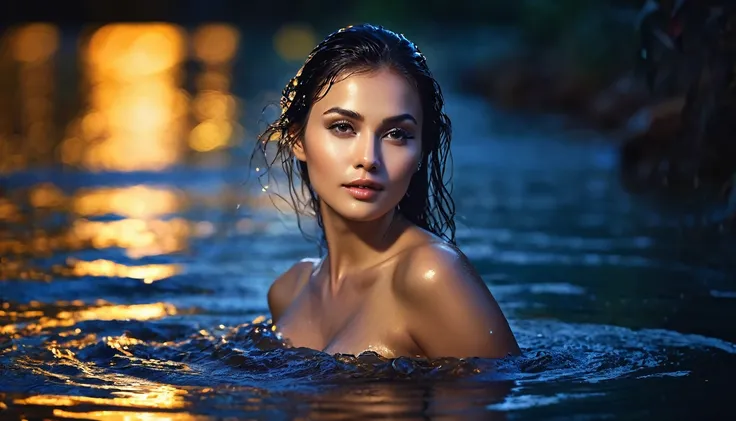 (best qualityer,4K,8k,high resolution,work of art:1.2),ultra detali,(realisitic,photorealisitic,photo-realisitic:1.37),proffesional,night time photography,a beautiful woman,skin wet,hair wet,clothes stuck to the body by water,twinkling,the moisture shines ...