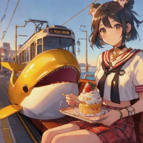 A cartoon of a golden killer whale eating strawberry cake with a tram in the background, Anime Style 4 k, Anime Food, Trending Anime Art, Beautiful and detailed anime art, Anime Style illustration, Anime Art Wallpapers 8K, Retro anime, 80年代のAnime Style, An...