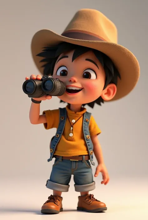 Create a 3D Disney Pixar character of a light-skinned boy with a hat and black hair, body facing crookedly to the left looking through binoculars with a happy smile. only one hand was holding the binoculars