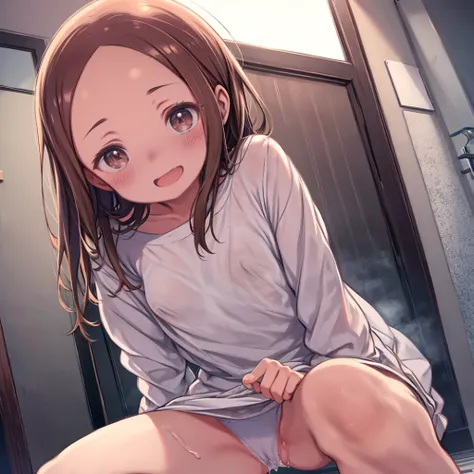 One Woman、Takagi-san、Takagi-san、amount、long hair、Brown Hair、Brown eyes、smile、Upper Body、(Completely naked、No clothes)、Small breasts、Areola、Nipples、blush、Wet Hair、Pussy、Vagina、(Love juice、heavy)、Detailed depiction of genitalia、Ample pubic hair、Thick pubic h...