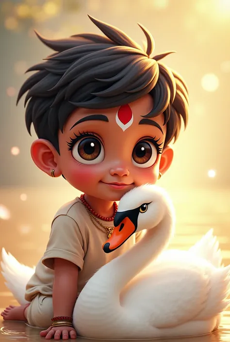 Drawing vector style ,a cute teenage South Indian Hindu boy, vermilion forhead, age 6 adorable white Swan, beautiful detailed eyes, beautiful detailed lips, extremely detailed eyes and face, long eyelashes, cute and adorable expression, beautiful young gir...