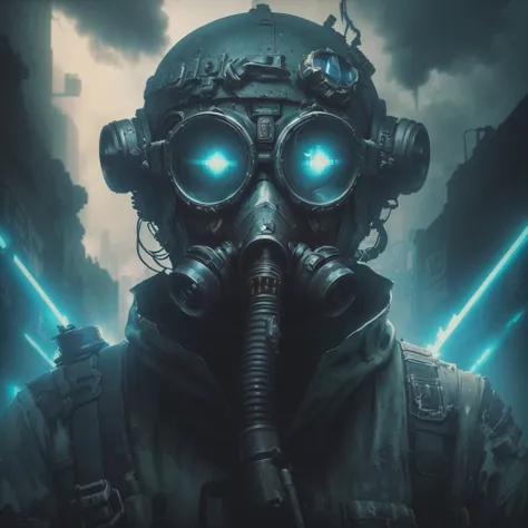 Arafad man in gas mask with gas mask and goggles, mystical post-apocalyptic cyborg, symmetrical warrior in dieselpunk style, car black dieselpunk grimcore, Futuristic Gas Mask, postApocalyptic atmosphere, apocalyptic art, постApocalyptic atmosphere, Apocal...