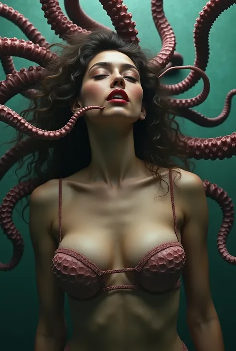 A woman with large breasts getting fucked by tentacles