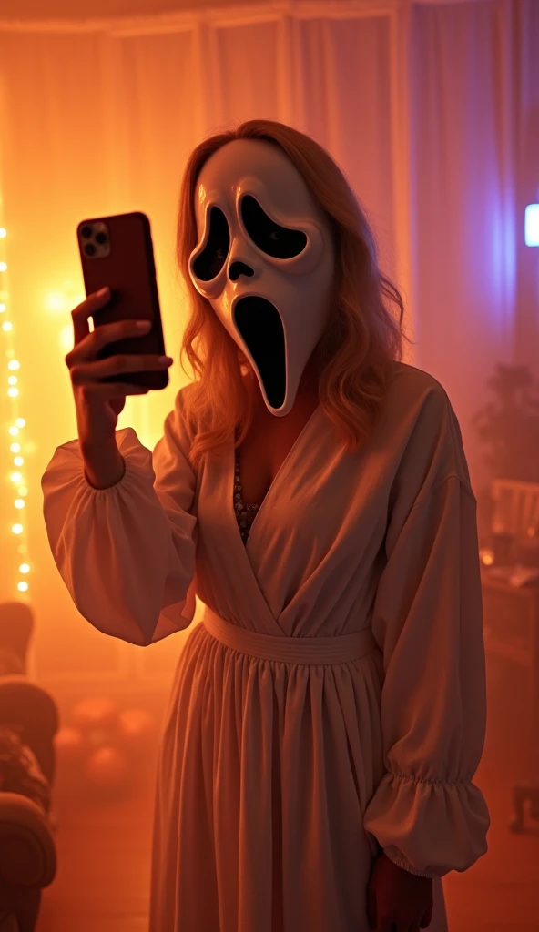 young, costume, scream mask, vape, in it, cool, selfie, White tunica, iphone 11, warm light.
