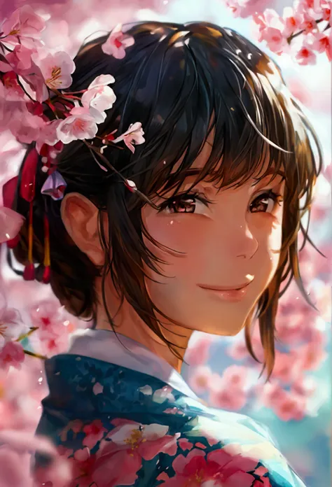 girls​, turning to look at the face, smiling, behind the hand of the sakura tree.