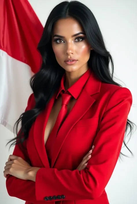 Portrait, beautiful woman, holding Indonesian flag, alpha female, shirt, blazer red, tie, elegant, black hair, white background