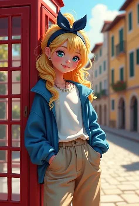 The portrait is of a young girl in a typical Italian setting. The buildings behind her are old and picturesque, and represent the beauty of Italy. The girl has long, wavy blonde hair that is pulled back in a messy, casual hairstyle, with highlights of brig...