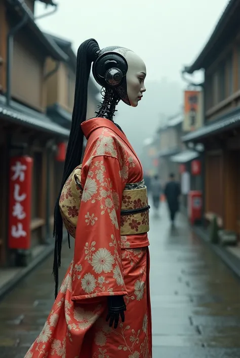 Creating an image of a female android in a beautiful kimono walking through the streets of Kyoto. The style is terrible, and the fusion of humans and robots has a mysterious and creepy atmosphere amidst the beauty. In the background is an old Japanese city...