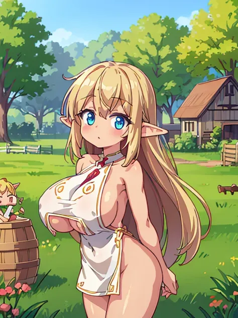 (naked)(nude)(nsfw)(tan elf:1.2), (high fantasy slave outfit ripped beige dress:1.2), (farm children:1.2), (high resolution:1.8), (huge boobies:1.2)(high quality:1.8)