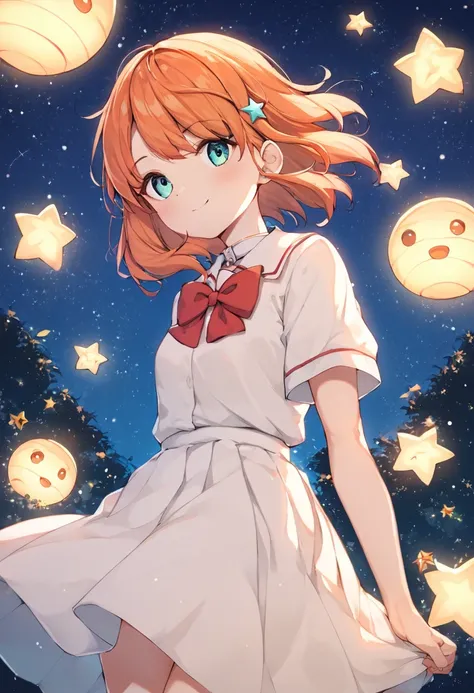 sfw,score_9, score_8_up, source_アニメ, 1girl, 独奏, Kaho Kusaka, Orange Hair, Medium Hair, Cyan eyes, 
school uniform, Seraphim, White Dress, white collar, Red bow tie,Night Sky,star,流れstar,