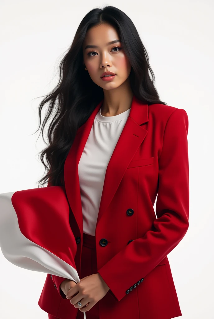 Portrait, beautiful woman, holding Indonesian flag, alpha female, t-shirt, red blazer, elegant, black hair, white background