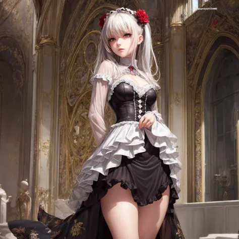 a gothic lolita girl in a majestic cathedral, beautiful detailed eyes, beautiful detailed lips, extremely detailed eyes and face, long eyelashes, elegant gothic dress with a skirt full of frills, red accent embroidery, long shining white hair, mysteriously...