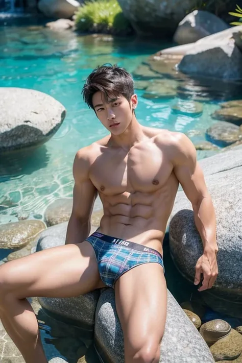 Create a 64k photo of a handsome Chinese male teenager with smooth, tanned skin and a well-built six-pack, wearing plaid underwear, sitting with his legs stretched out on a rock, with a valley with calm, clear blue water in the background.