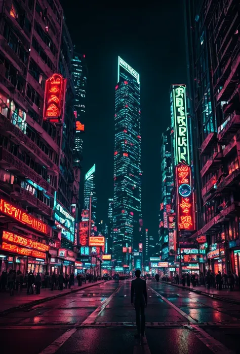 beautiful detailed model standing in night city street, towering skyscrapers, glowing neon lights, cyberpunk, hyper realistic, 4...