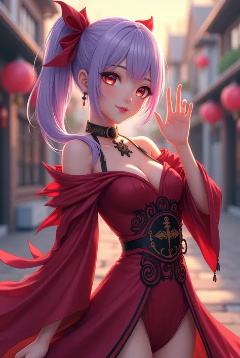 highest quality, 8k, hdr, (head to toe:1.4), Anime, Human woman, hourglass figure, looks twenty years old, very light lavender hair, Gold streaks in hair, Bright red ribbon in hair, waving at the viewer, on an anime style street, fantasy  wispy sexy red ma...