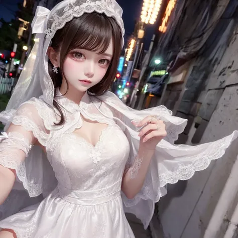 bikini lace dress，nurse uniform，lace wedding dress，Lace cape，The street lights are beautiful at night, eating ice cream.