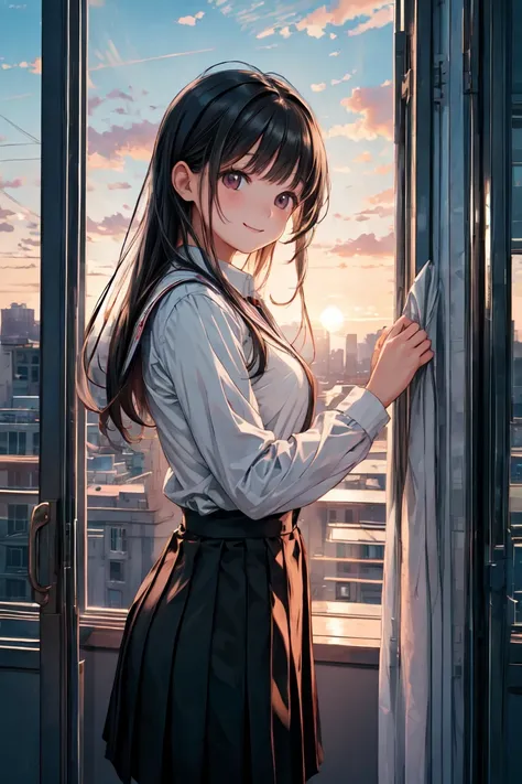 masterpiece,Highest quality,beautiful girl,Window,classroom,At dusk,Curtains sway in the wind,uniform,Baby Face,Black Hair,straight,smile