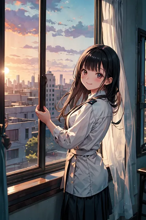 masterpiece,Highest quality,beautiful girl,Window,classroom,At dusk,Curtains sway in the wind,uniform,Baby Face,Black Hair,straight,smile