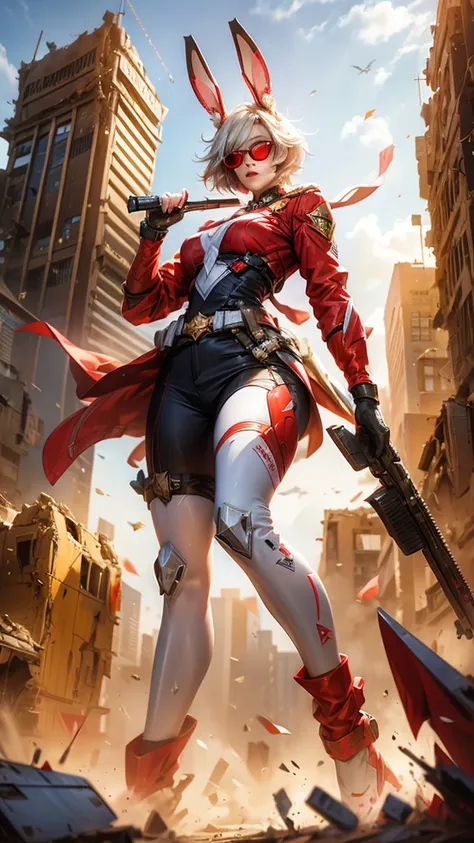 The metropolis of the future.A lovely and charming girl,Rabbit ears,short hair,All American Body,infrared glasses,Wearing a red and white combat uniform,Wearing a combat coat,Holding sniper rifle,in the ruined city