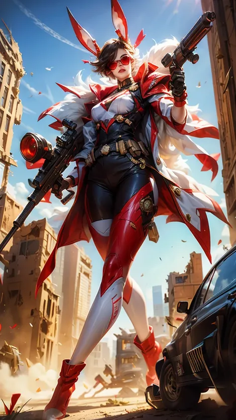 The metropolis of the future.A lovely and charming girl,Rabbit ears,short hair,All American Body,infrared glasses,Wearing a red and white combat uniform,Wearing a combat coat,Holding sniper rifle,in the ruined city