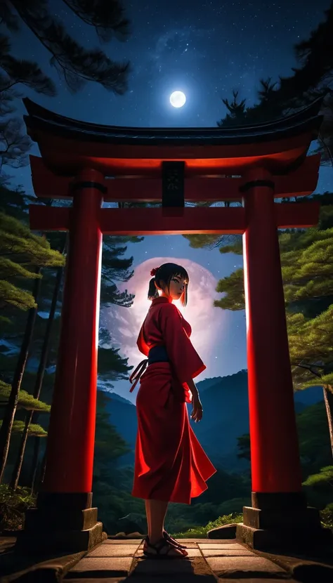 dark aura,  dynamic angle, 8k, red, high resolution, hiding in the shadows, at a japanese shrine at night, beautiful night sky, ...