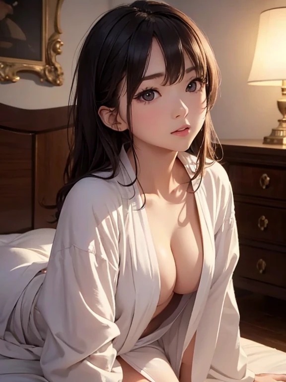 1girl, solo, masterpiece, high quality, high detail, HDR, 4k, volumetric lighting, subsurface scattering, 23 year old woman, Asian, silk robe, unbuttoned, posing on a bed, look up from below and make eye contact, Expression of desire, Cleavage emphasis,