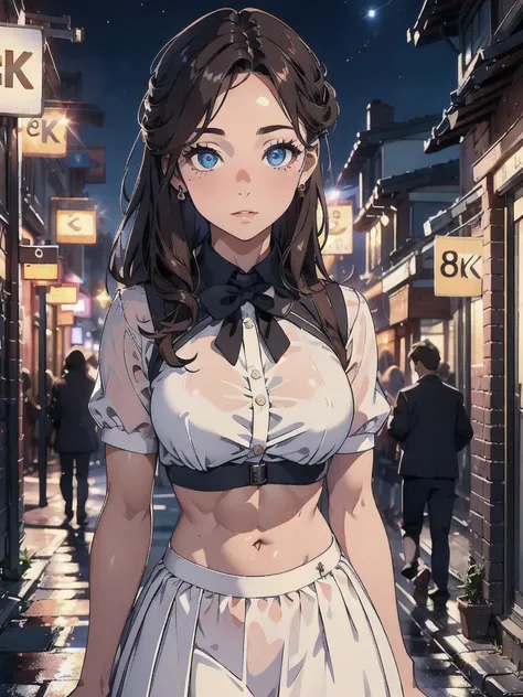 (Highest quality, 8k, masterpiece: 1.3), Clear focus: 1.2, beauty: 1.4, Abdominal muscles: 1.1, Brown Hair, Princess Dress: 1.4, Outdoors at night: 1.1, street, Beautiful face and eyes, double eyelid. Add realistic lighting, Be careful adjusting the ratio.