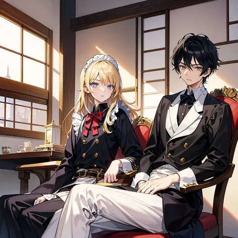 Western fantasy style，Japanese anime style，Spacious room，A young man in aristocratic clothing sits on a chair，The teenager has black hair，Handsome。To the left of the boy stands a cute maid，Maid with long blond hair，Golden pupils。To the right of the boy sta...