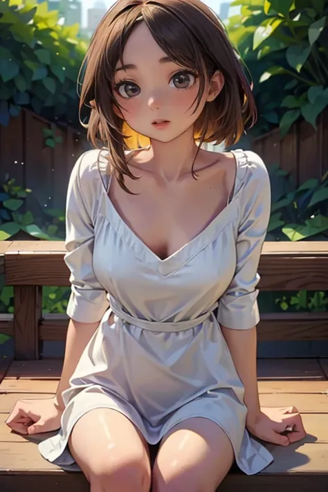 a beautiful young woman sitting on a bench, wearing a summer dress printed with dogs, (best quality,4k,8k,highres,masterpiece:1.2),ultra-detailed,(realistic,photorealistic,photo-realistic:1.37),HDR,UHD,studio lighting,ultra-fine painting,sharp focus,physic...