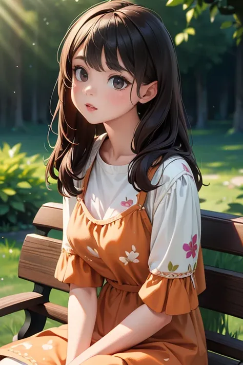 a beautiful young woman sitting on a bench, wearing a summer dress printed with dogs, (best quality,4k,8k,highres,masterpiece:1.2),ultra-detailed,(realistic,photorealistic,photo-realistic:1.37),HDR,UHD,studio lighting,ultra-fine painting,sharp focus,physic...