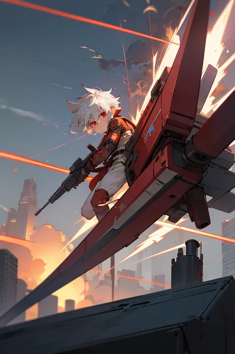 A boy of about 7 years old with silver hair and red eyes is blowing up the city. Shota Cyborg. His right arm has been transformed into a cannon.、Red energy is emitted、Its piercing the building, launching missiles from the six-barreled catapults equipped on...