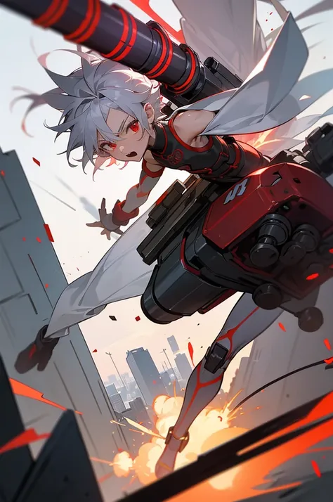 A boy of about 7 years old with silver hair and red eyes is blowing up the city. Shota Cyborg. His right arm has been transformed into a cannon.、Red energy is emitted、Its piercing the building, launching missiles from the six-barreled catapults equipped on...