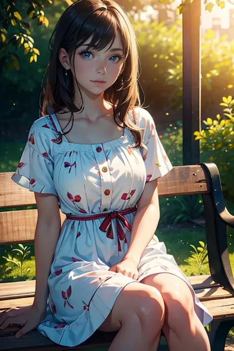 a beautiful young woman sitting on a bench, wearing a summer dress printed with dogs, (best quality,4k,8k,highres,masterpiece:1.2),ultra-detailed,(realistic,photorealistic,photo-realistic:1.37),HDR,UHD,studio lighting,ultra-fine painting,sharp focus,physic...