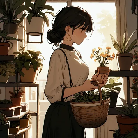 A woman in a flat-colored casual outfit, holding a basket with flowers in her hand. Chic, soft atmosphere. Soft light. Many potted plants and plants in the background.