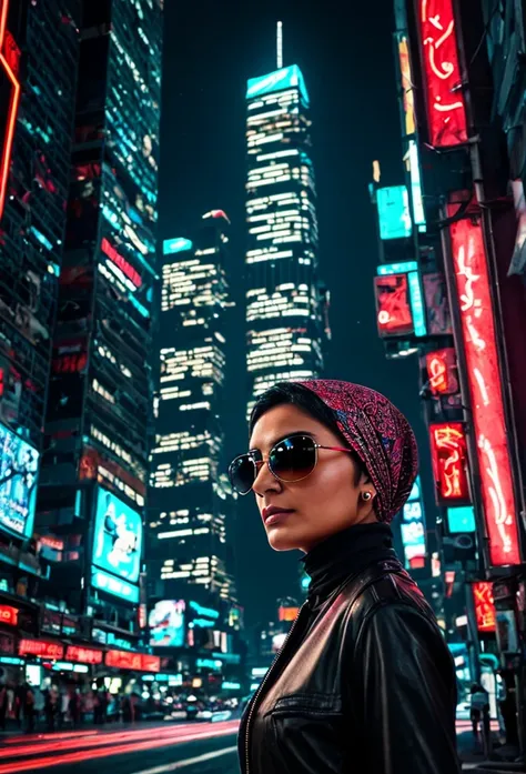 a woman from iran, wearing sunglasses, with a headscarf, with skyscrapers and neon lights in the background, cyberpunk style, ex...