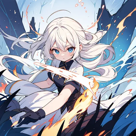 A white-haired, blue-eyed girl is using fire magic against a background of a burning forest.