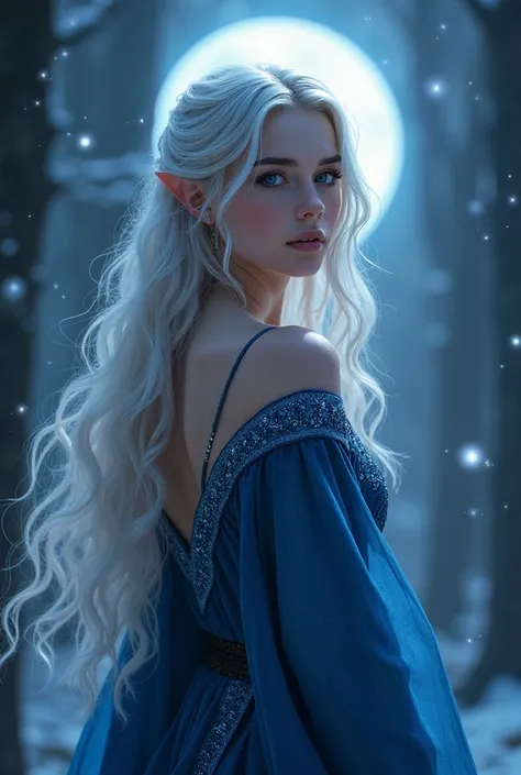 Elara Moonwhisper、A young elven maiden with a slender figure and wavy silver hair that flows down to her waist.。Her sharp eyes are the color of the moon on a clear night、Reflecting ancient wisdom that transcends the ages。she、Absorbs light、It appears to lea...