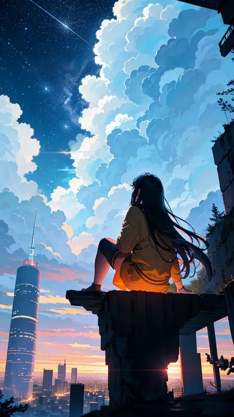 octans, sky, star (sky), scenery, starry sky, night, 1girl, night sky, solo, outdoors, building, cloud, milky way, sitting, tree, long hair, city, silhouette, cityscape