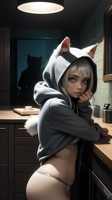 The teenage girl cat with white-and-gray fur looks reluctant as she rolls her eyes slightly. Her green eyes show mild frustration, and she’s wearing her casual hoodie or ripped T-shirt. Her posture is slightly slouched, and the lighting around her is dim, ...