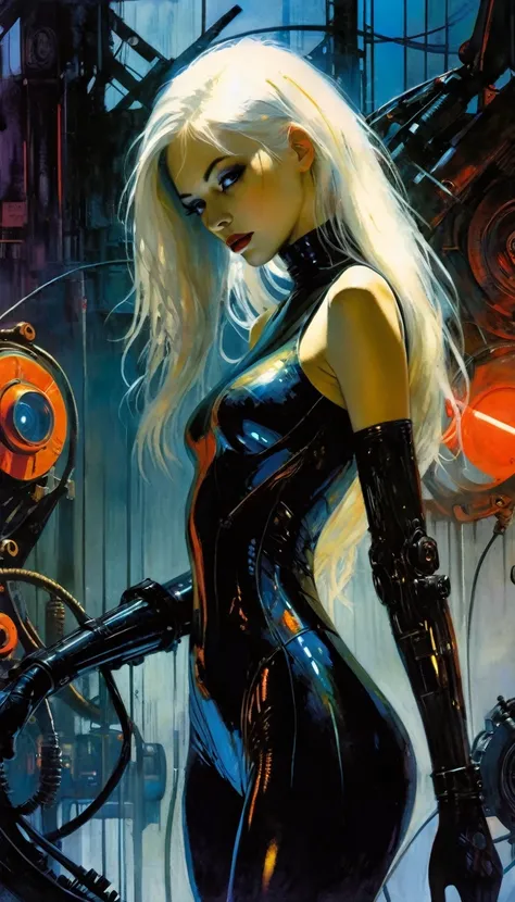 futuristic girl, sexy, mechanical arms, cyborg, long white hair, tight futuristic dress, surrounded by industrial machines,NEON COLOR, LOFI COLOR,eroticism, sexy, black and white image, between shadows, oil painting, chiaroscuro, sensual, dramatic lighting...