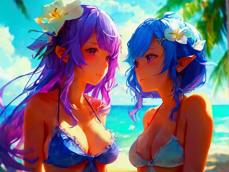 #beach、#Purple twin ponytails 、#Bikini、 #Blue sky and white clouds、 #tropical scenery 、#Cute girl、 #Sunbathing 、#coastal、 #garden、 #summery vibe、Genshin Impact、Enchanting cleavage, enchanting breasts