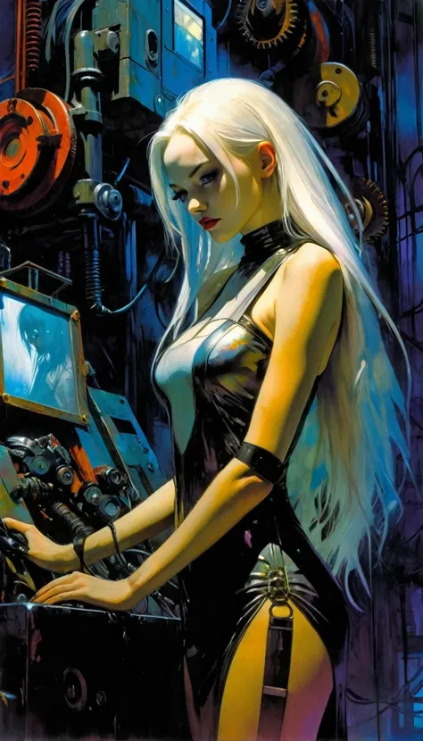 futuristic girl, sexy, mechanical arms, cyborg, long white hair, tight futuristic dress, surrounded by industrial machines,NEON COLOR, LOFI COLOR,eroticism, sexy, black and white image, between shadows, oil painting, chiaroscuro, sensual, dramatic lighting...